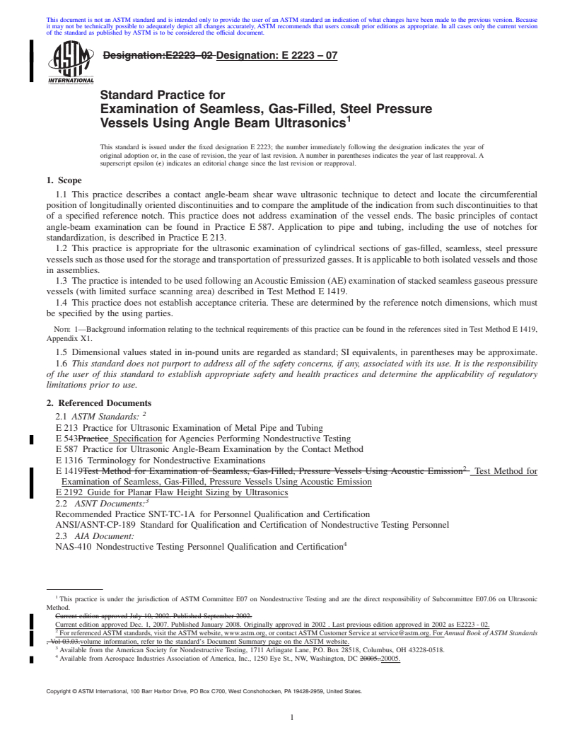 REDLINE ASTM E2223-07 - Standard Practice for  Examination of Seamless, Gas-Filled, Steel Pressure Vessels Using Angle Beam Ultrasonics