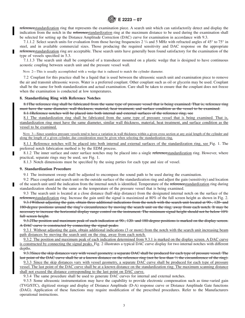 REDLINE ASTM E2223-07 - Standard Practice for  Examination of Seamless, Gas-Filled, Steel Pressure Vessels Using Angle Beam Ultrasonics