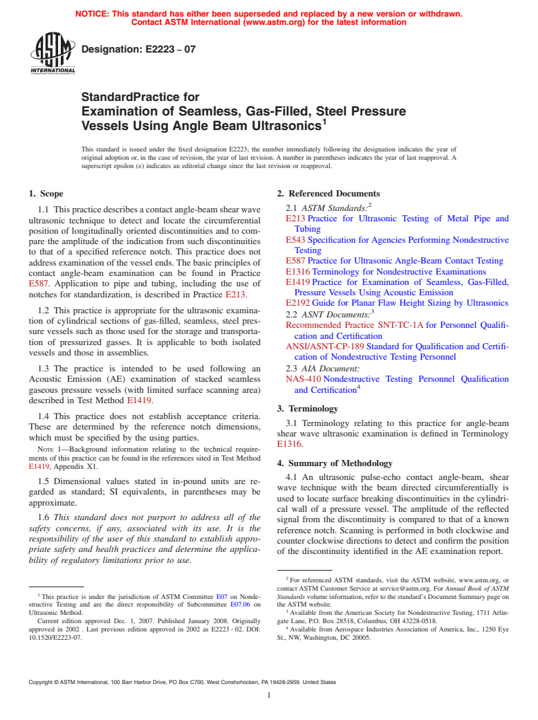 ASTM E2223-07 - Standard Practice for  Examination of Seamless, Gas-Filled, Steel Pressure Vessels Using Angle Beam Ultrasonics