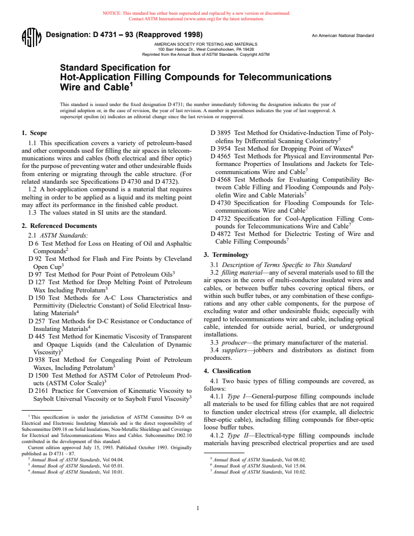 ASTM D4731-93(1998) - Standard Specification for Hot-Application Filling Compounds for Telecommunications Wire and Cable