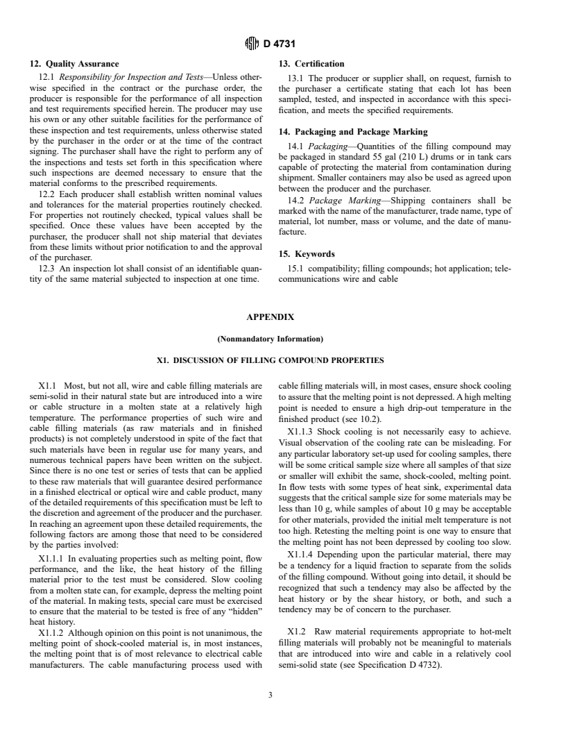 ASTM D4731-93(1998) - Standard Specification for Hot-Application Filling Compounds for Telecommunications Wire and Cable