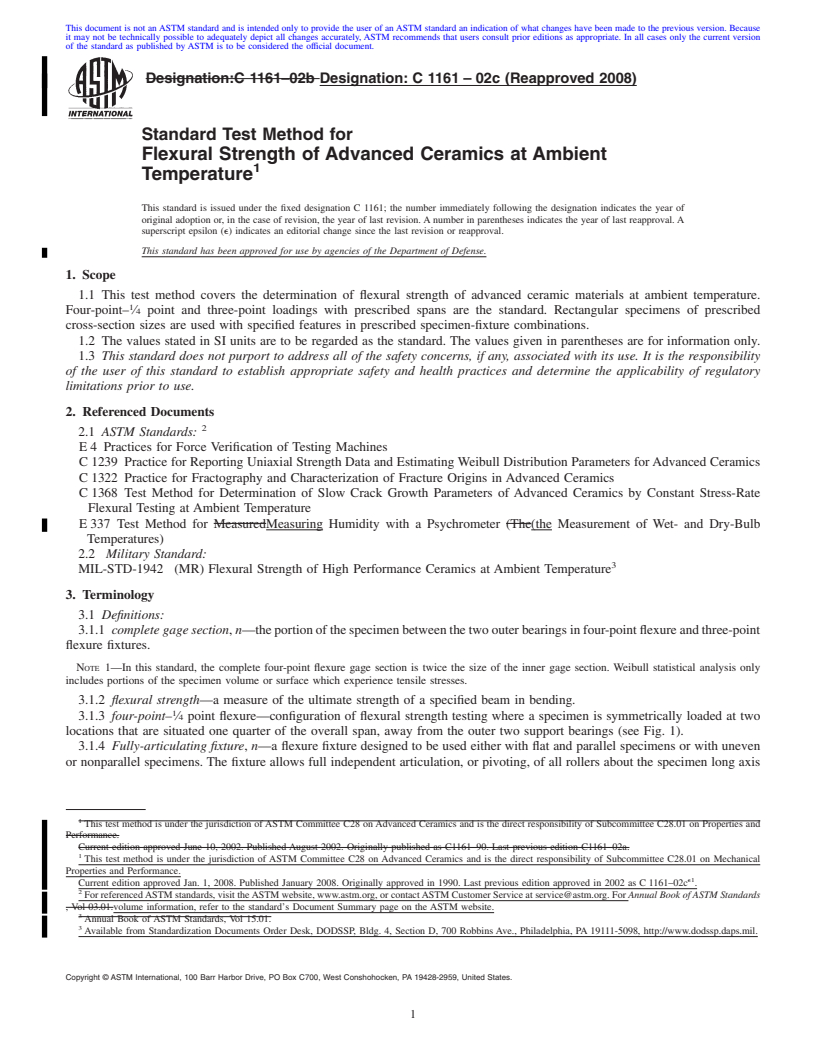 REDLINE ASTM C1161-02c(2008) - Standard Test Method for Flexural Strength of Advanced Ceramics at Ambient Temperature