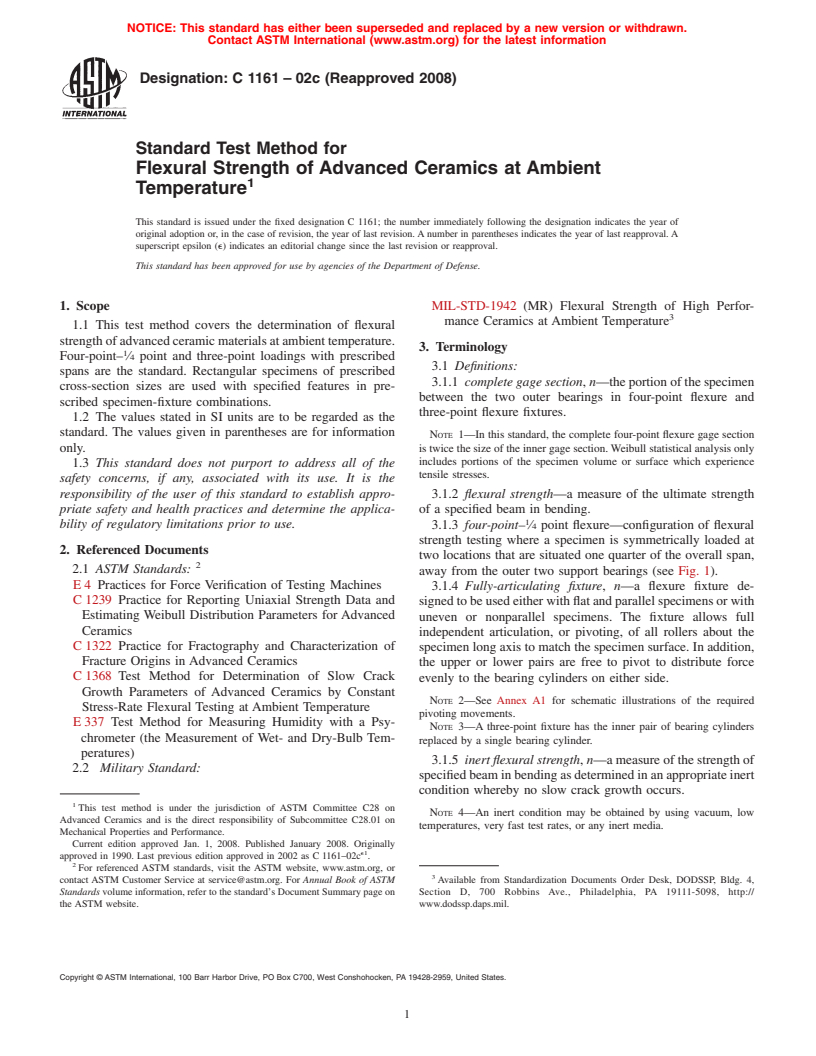 ASTM C1161-02c(2008) - Standard Test Method for Flexural Strength of Advanced Ceramics at Ambient Temperature