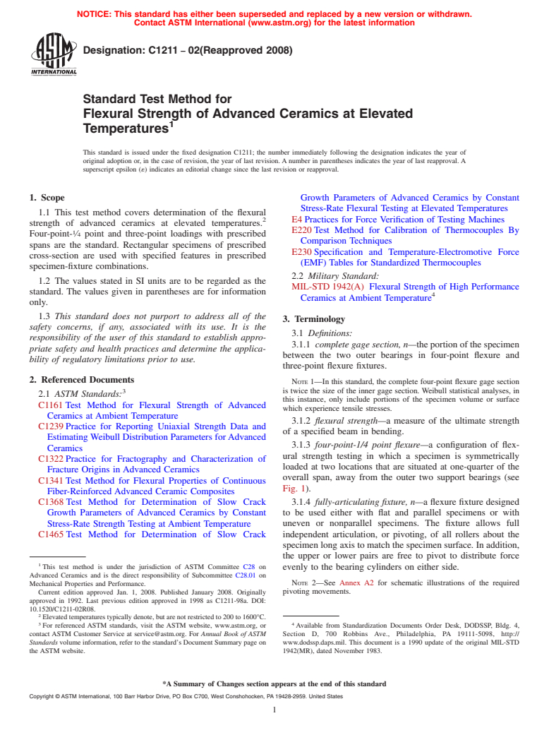 ASTM C1211-02(2008) - Standard Test Method for Flexural Strength of Advanced Ceramics at Elevated Temperatures