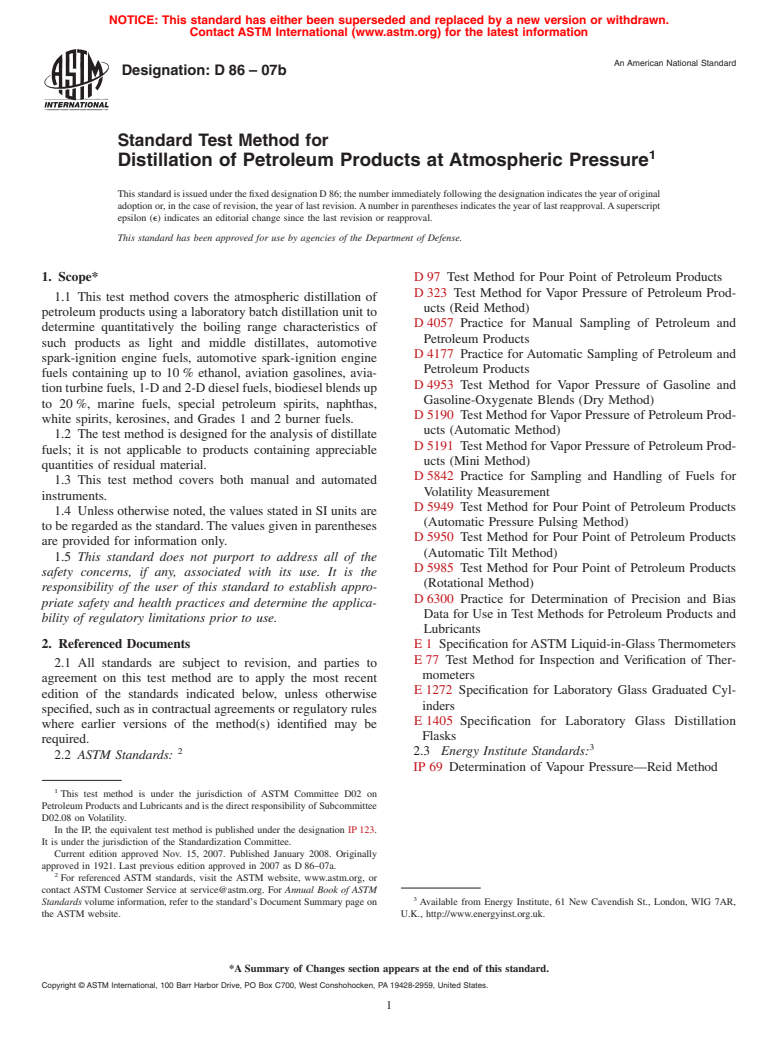 ASTM D86-07b - Standard Test Method for Distillation of Petroleum Products at Atmospheric Pressure