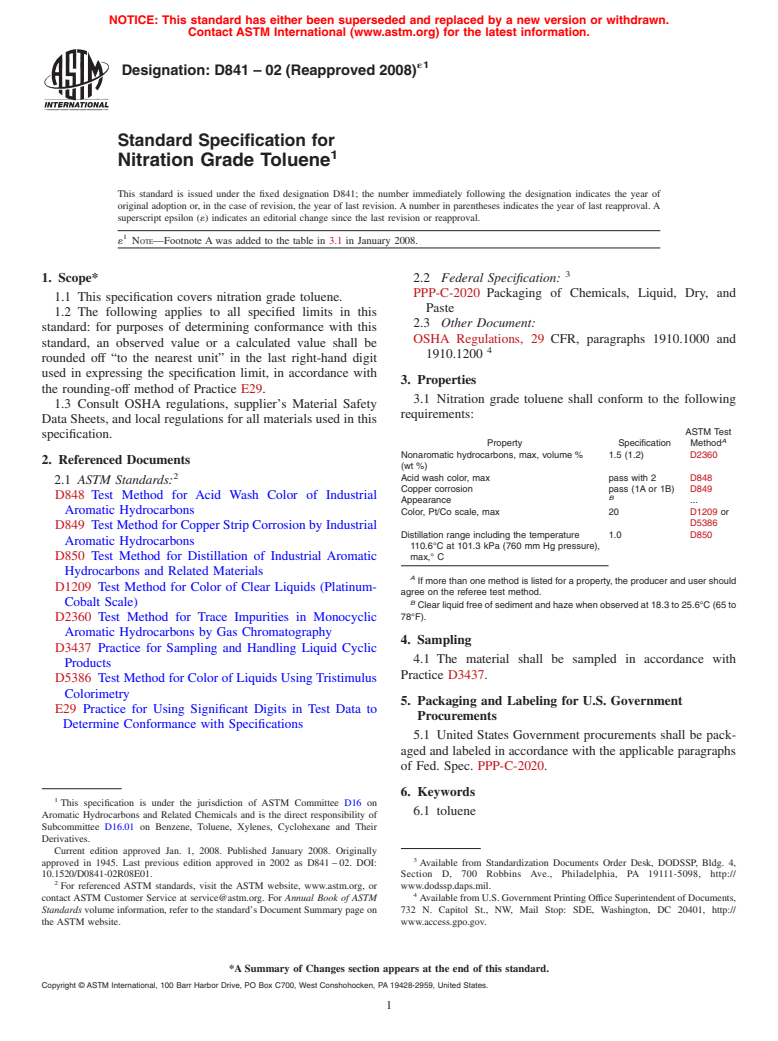 ASTM D841-02(2008)e1 - Standard Specification for Nitration Grade Toluene