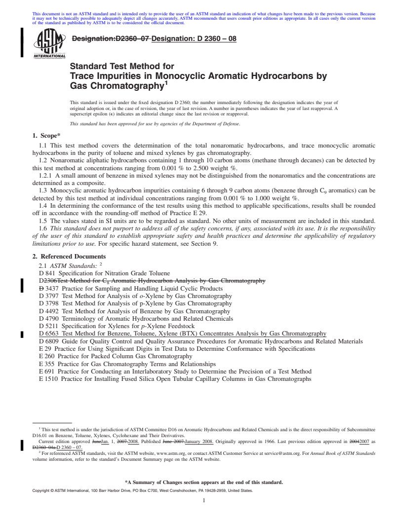 REDLINE ASTM D2360-08 - Standard Test Method for Trace Impurities in Monocyclic Aromatic Hydrocarbons by Gas Chromatography