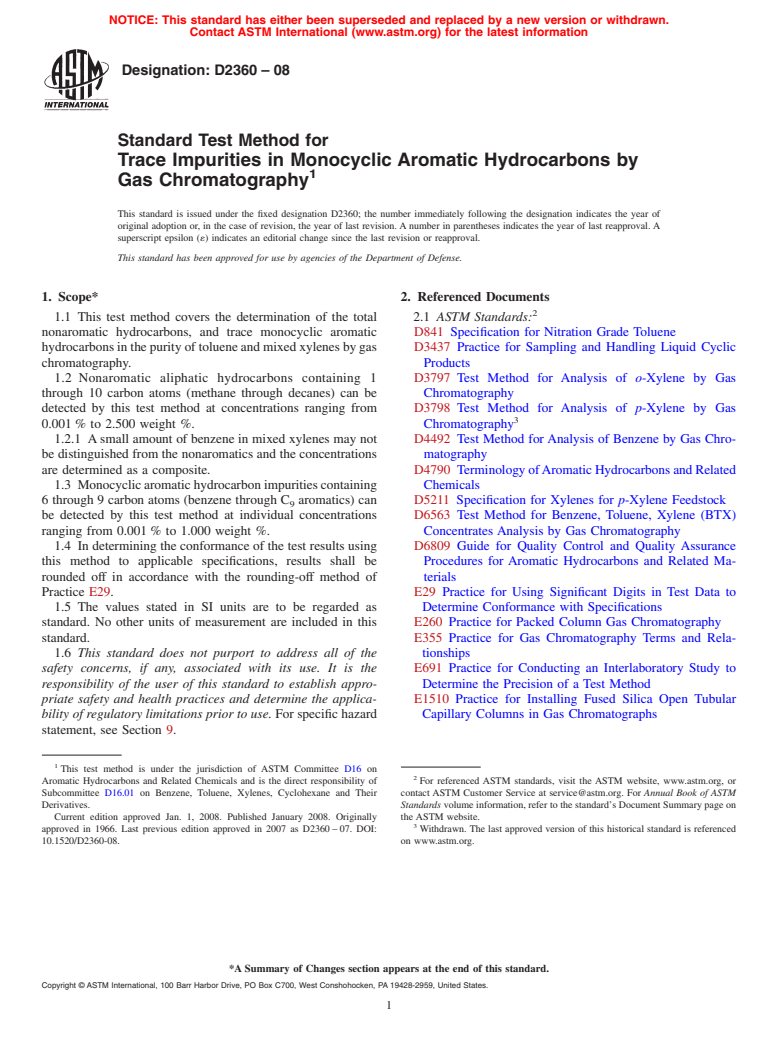 ASTM D2360-08 - Standard Test Method for Trace Impurities in Monocyclic Aromatic Hydrocarbons by Gas Chromatography