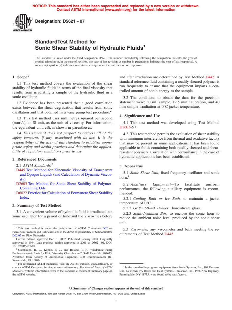 ASTM D5621-07 - Standard Test Method for Sonic Shear Stability of Hydraulic Fluids