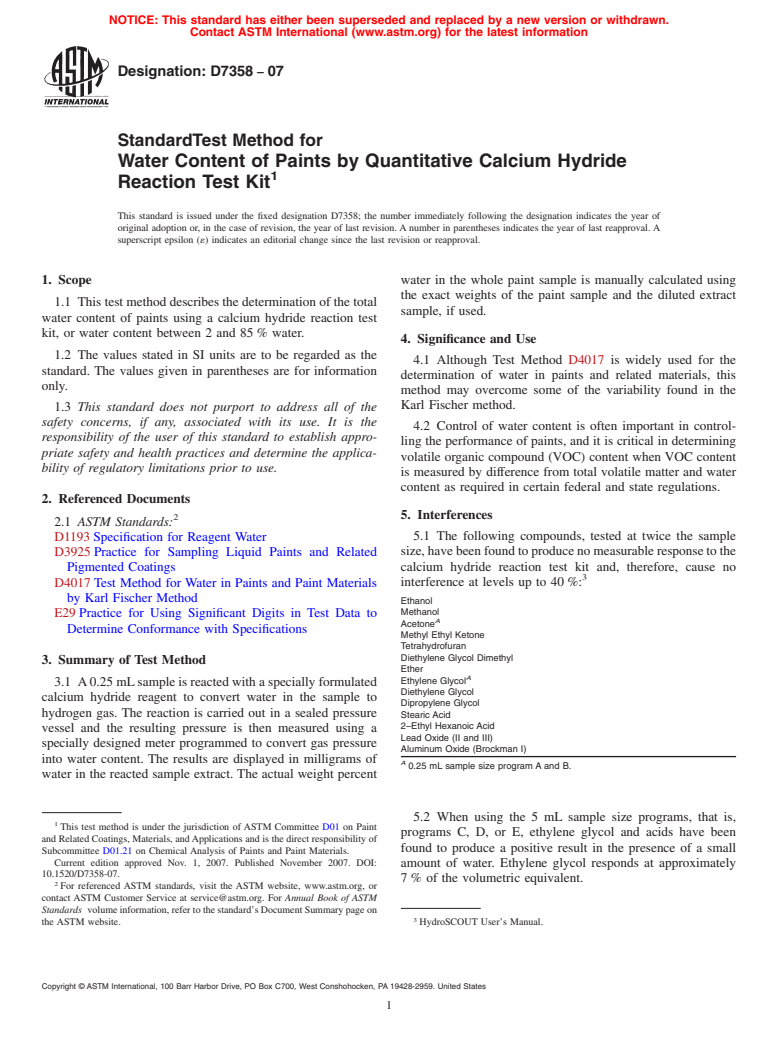 ASTM D7358-07 - Standard Test Method for Water Content of Paints by Quantitative Calcium Hydride Reaction Test Kit