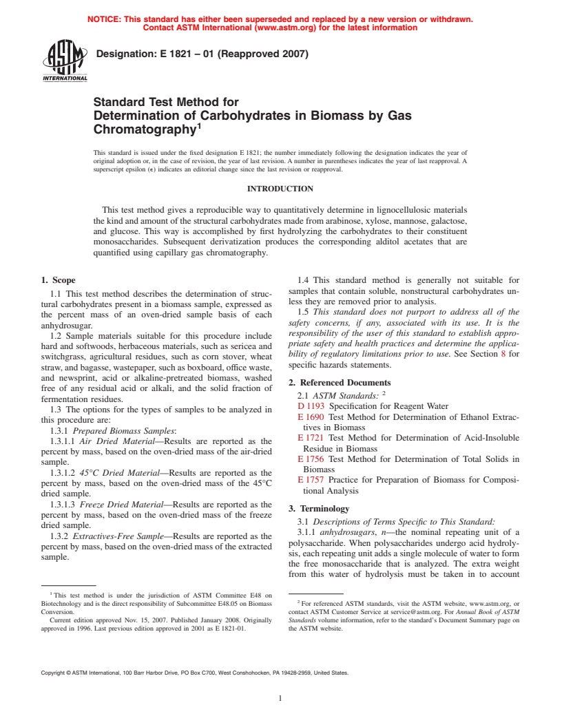 ASTM E1821-01(2007) - Standard Test Method for Determination of Carbohydrates in Biomass by Gas Chromatography