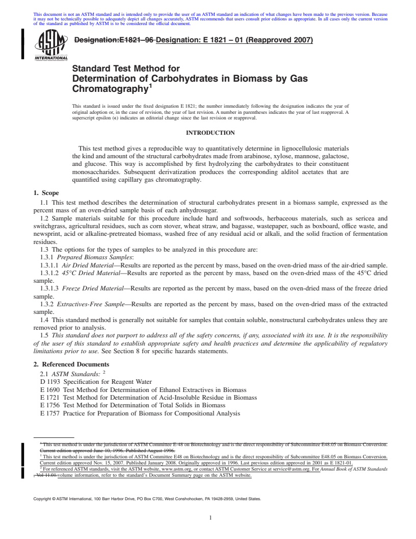 REDLINE ASTM E1821-01(2007) - Standard Test Method for Determination of Carbohydrates in Biomass by Gas Chromatography