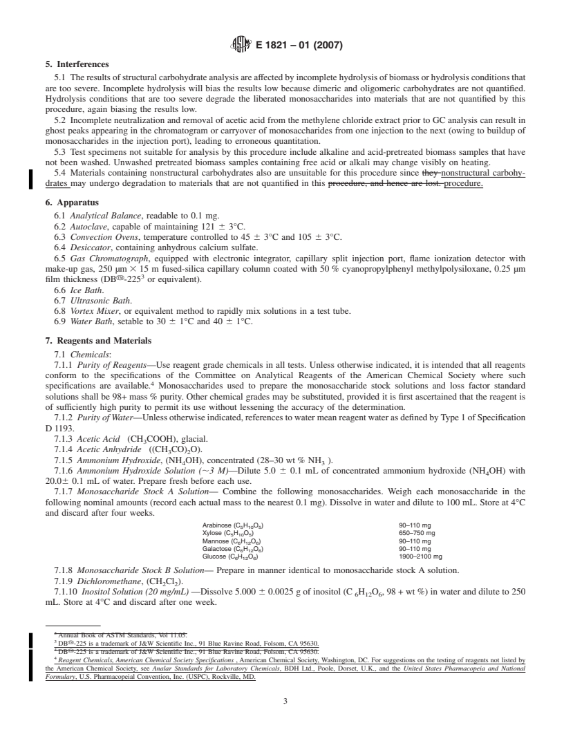 REDLINE ASTM E1821-01(2007) - Standard Test Method for Determination of Carbohydrates in Biomass by Gas Chromatography