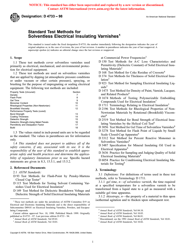 ASTM D4733-98 - Standard Test Methods for Solventless Electrical Insulating Varnishes