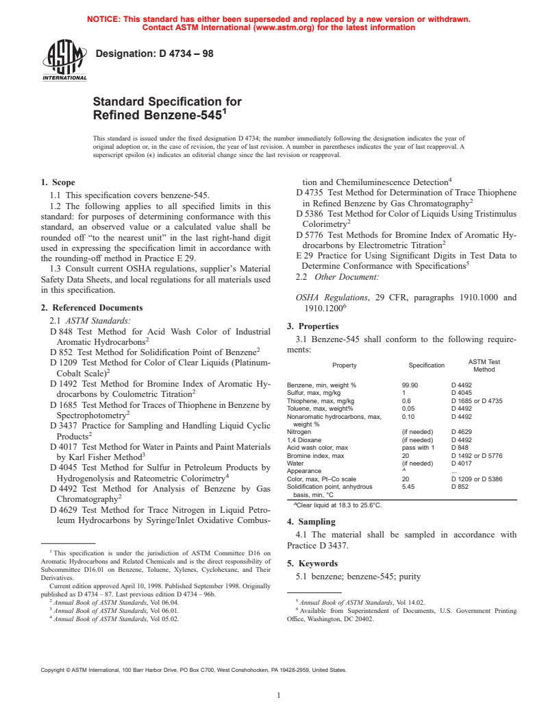 ASTM D4734-98 - Standard Specification for Refined Benzene-545