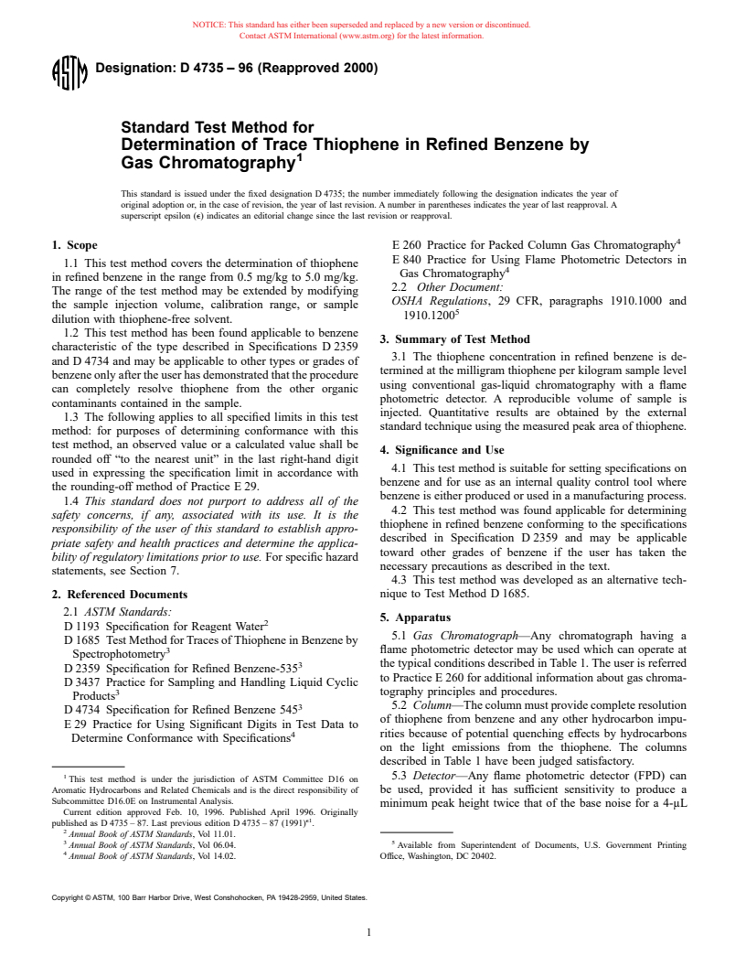 ASTM D4735-96(2000) - Standard Test Method for Determination of Trace Thiophene in Refined Benzene by Gas Chromatography