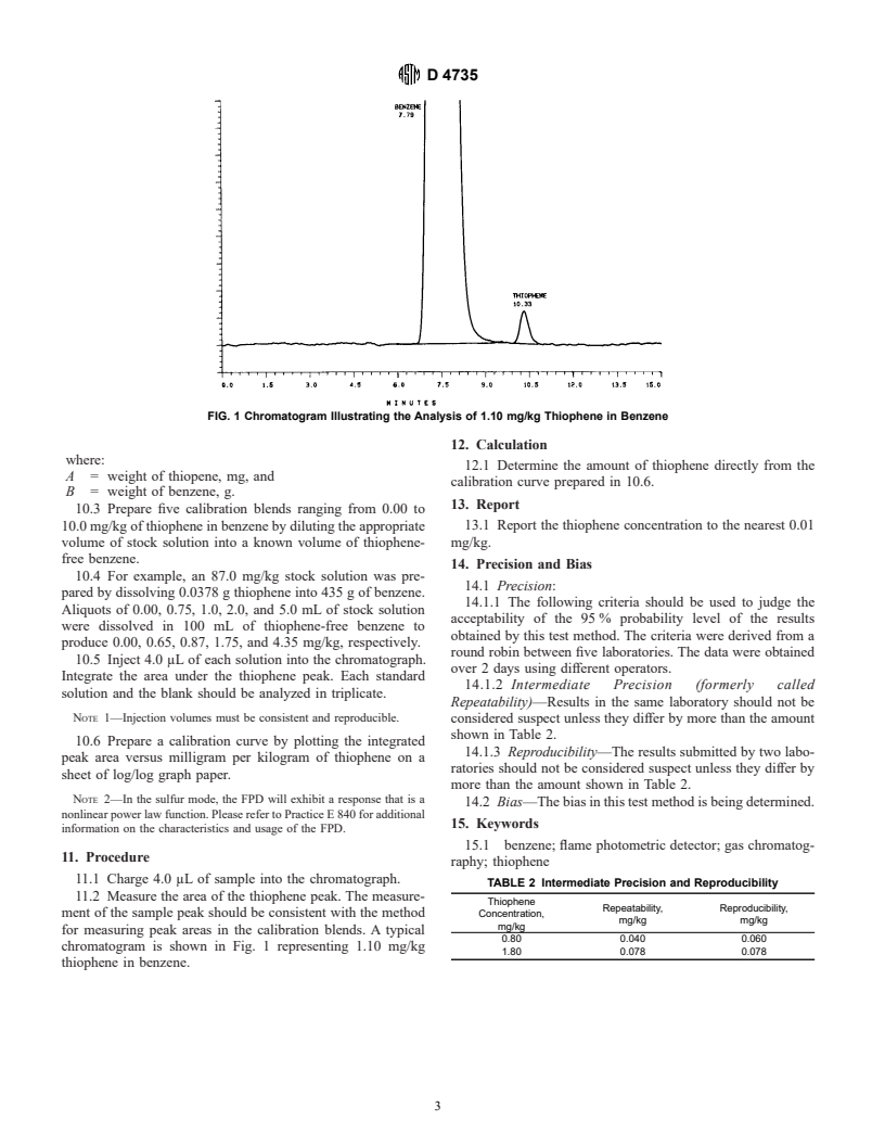 ASTM D4735-96(2000) - Standard Test Method for Determination of Trace Thiophene in Refined Benzene by Gas Chromatography