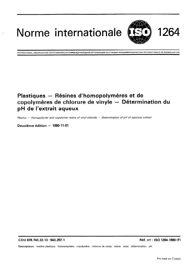 ISO 1264:1980 - Plastiques -- Résines d'homopolymeres et de copolymeres de chlorure de vinyle -- Détermination du pH de l'extrait aqueux