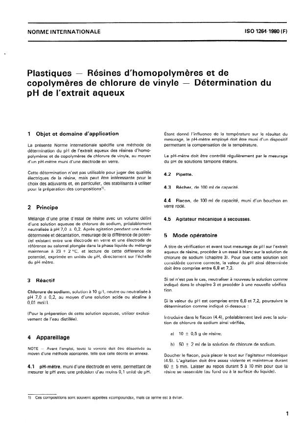 ISO 1264:1980 - Plastiques -- Résines d'homopolymeres et de copolymeres de chlorure de vinyle -- Détermination du pH de l'extrait aqueux
