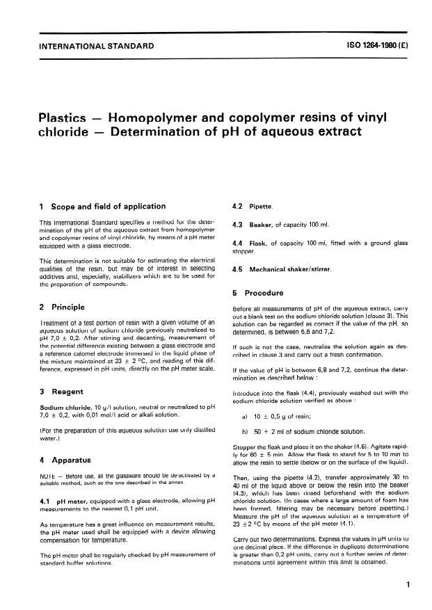 ISO 1264:1980 - Plastics -- Homopolymer and copolymer resins of vinyl chloride -- Determination of pH of aqueous extract