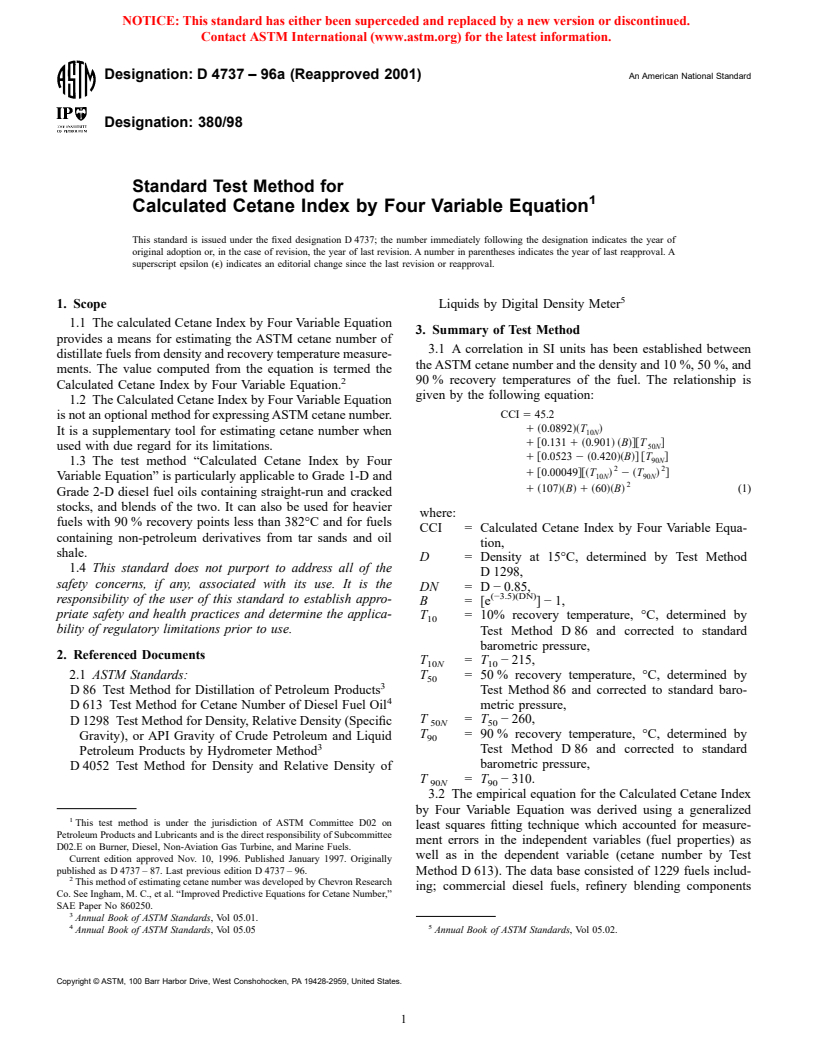 ASTM D4737-96a(2001) - Standard Test Method for Calculated Cetane Index by Four Variable Equation