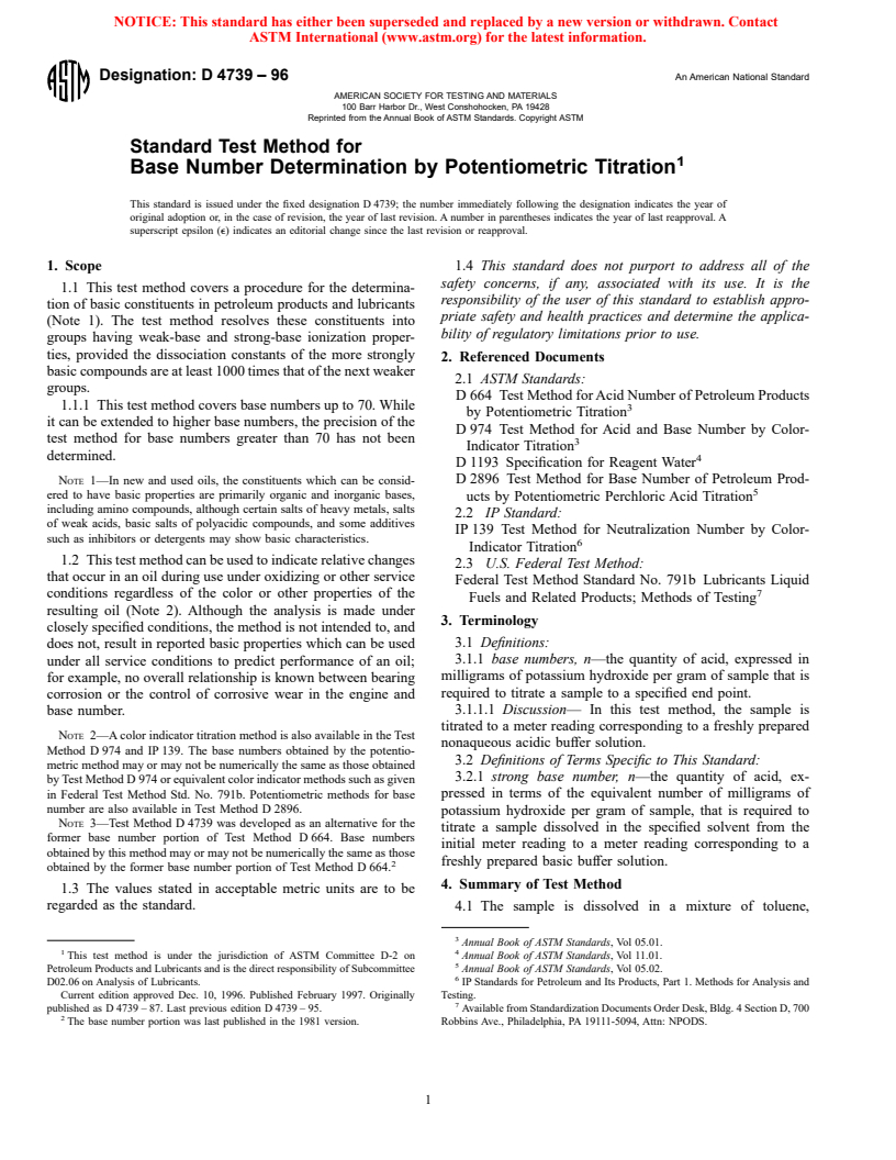 ASTM D4739-96 - Standard Test Method for Base Number Determination by Potentiometric Titration