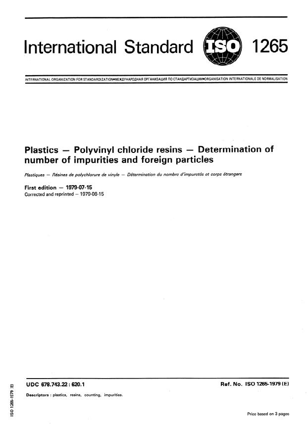 ISO 1265:1979 - Plastics -- Polyvinyl chloride resins -- Determination of number of impurities and foreign particles