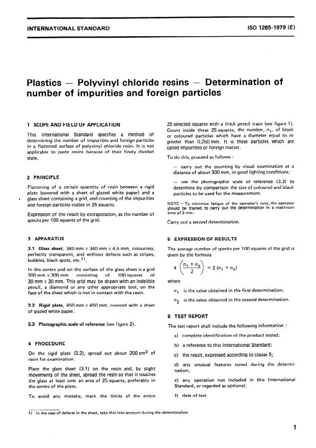 ISO 1265:1979 - Plastics -- Polyvinyl chloride resins -- Determination of number of impurities and foreign particles