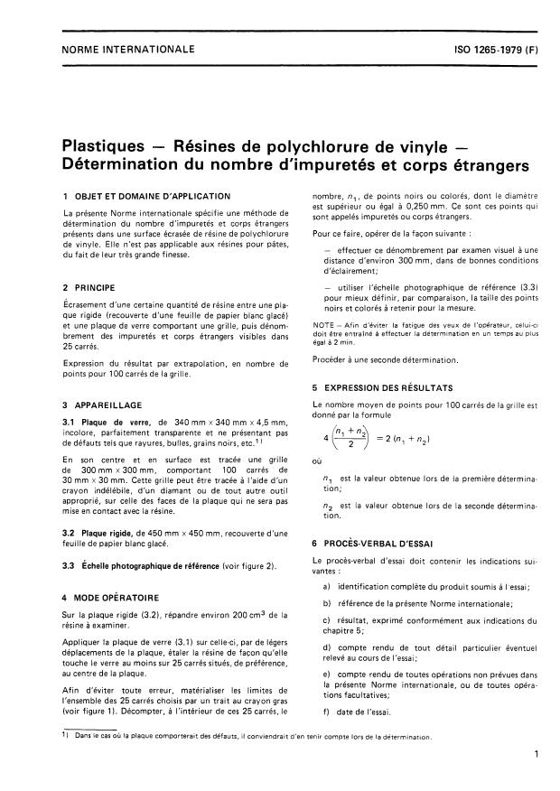 ISO 1265:1979 - Plastiques -- Résines de polychlorure de vinyle -- Détermination du nombre d'impuretés et corps étrangers