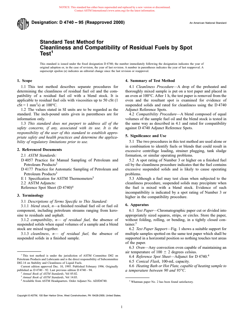 ASTM D4740-95(2000) - Standard Test Method for Cleanliness and Compatibility of Residual Fuels by Spot Test