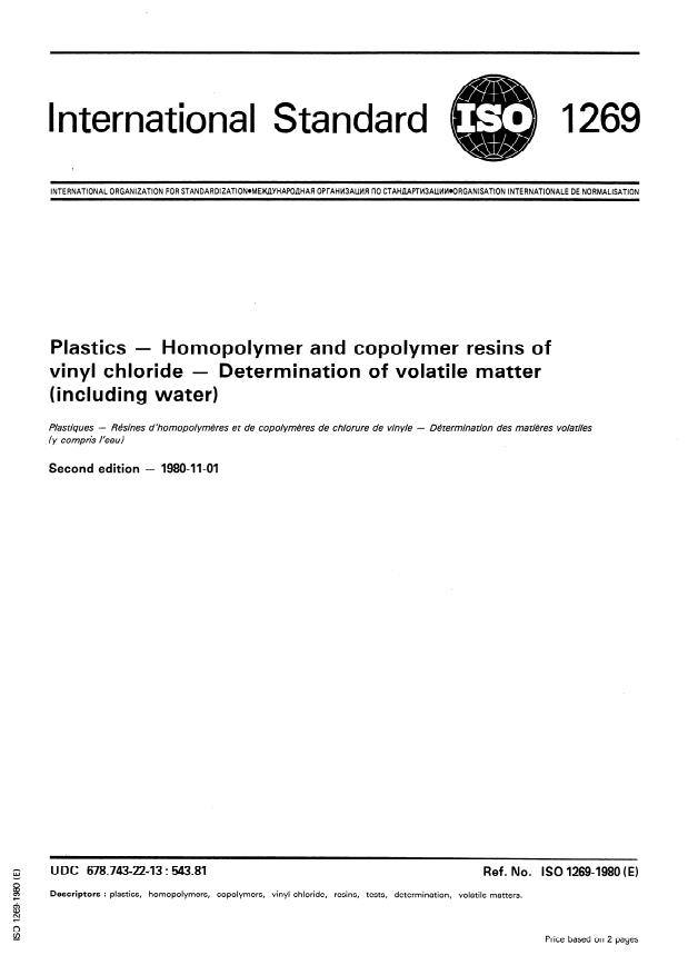 ISO 1269:1980 - Plastics -- Homopolymer and copolymer resins of vinyl chloride -- Determination of volatile matter (including water)