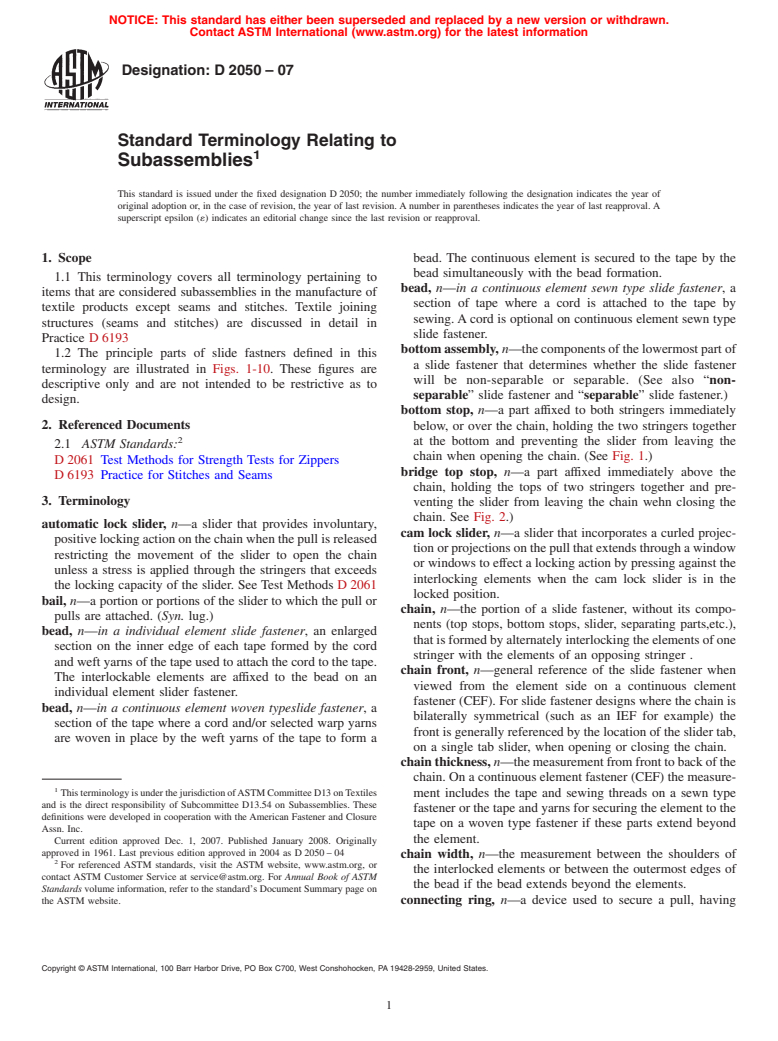 ASTM D2050-07 - Standard Terminology Relating to  Subassemblies