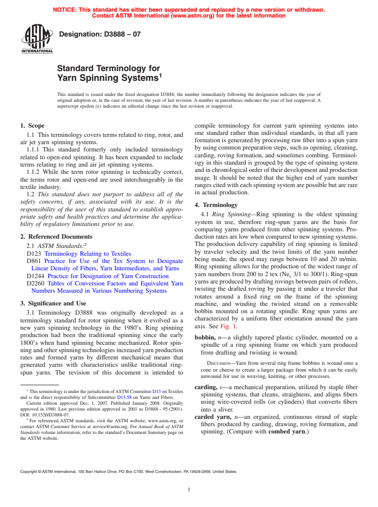 ASTM D3888-07 - Standard Terminology for Yarn Spinning Systems