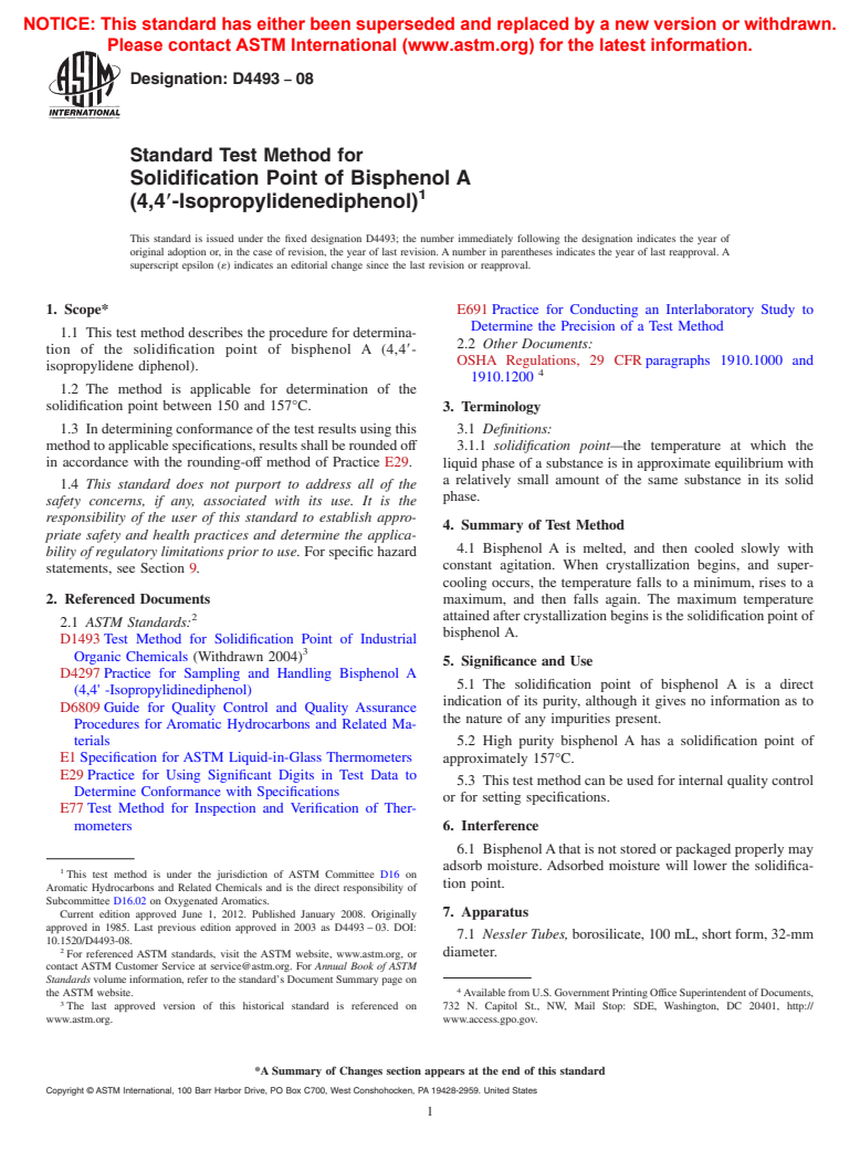 ASTM D4493-08 - Standard Test Method for  Solidification Point of Bisphenol A <br> (4,4<span class='unicode'>&#x2032;</span>-Isopropylidenediphenol)