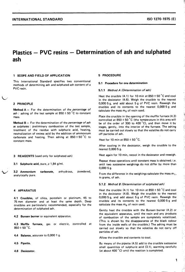 ISO 1270:1975 - Plastics -- PVC resins -- Determination of ash and sulphated ash
