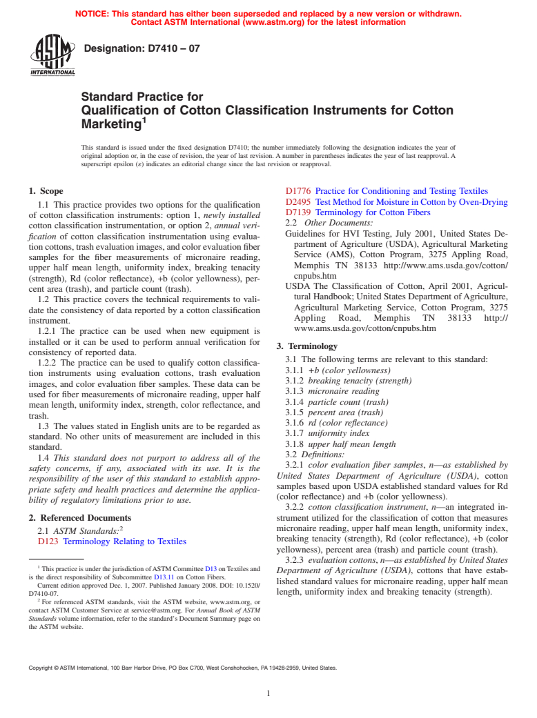 ASTM D7410-07 - Standard Practice for Qualification of Cotton Classification Instruments for Cotton Marketing
