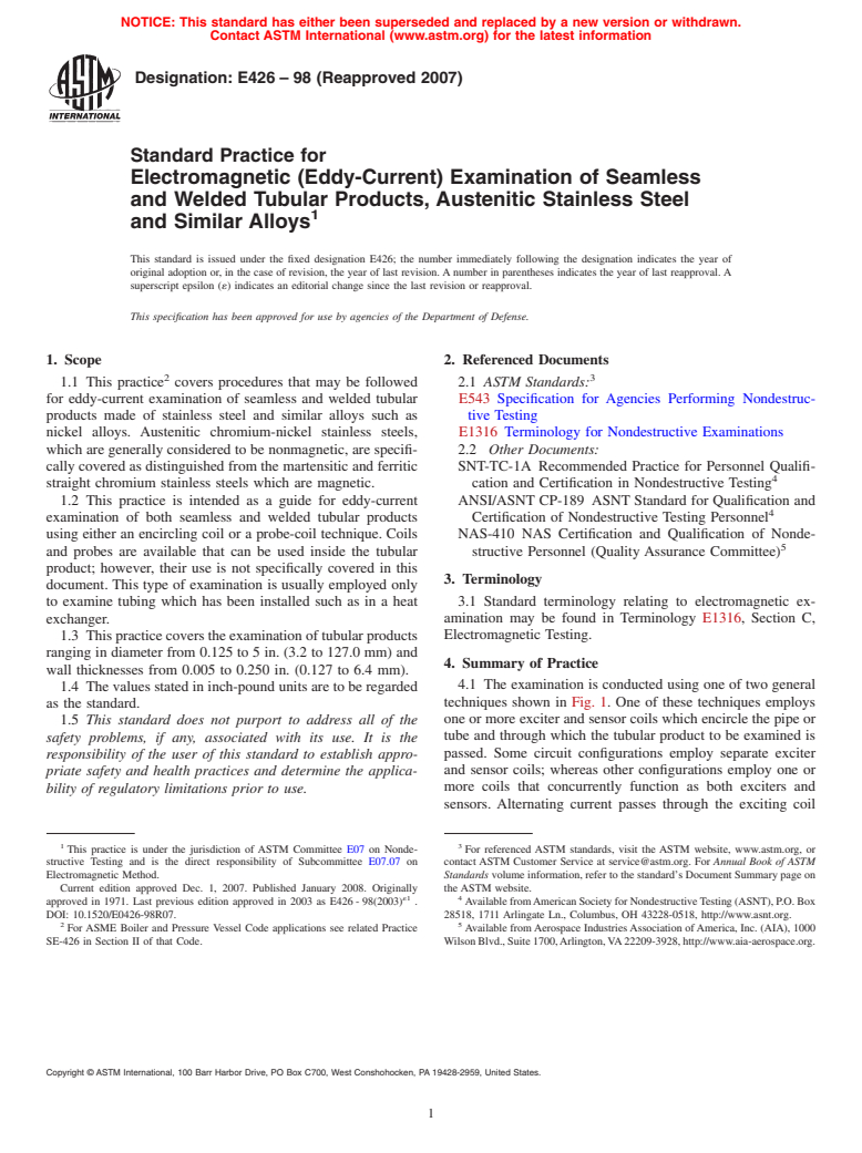 ASTM E426-98(2007) - Standard Practice for  Electromagnetic (Eddy-Current) Examination of Seamless and Welded Tubular Products, Austenitic Stainless Steel and Similar Alloys