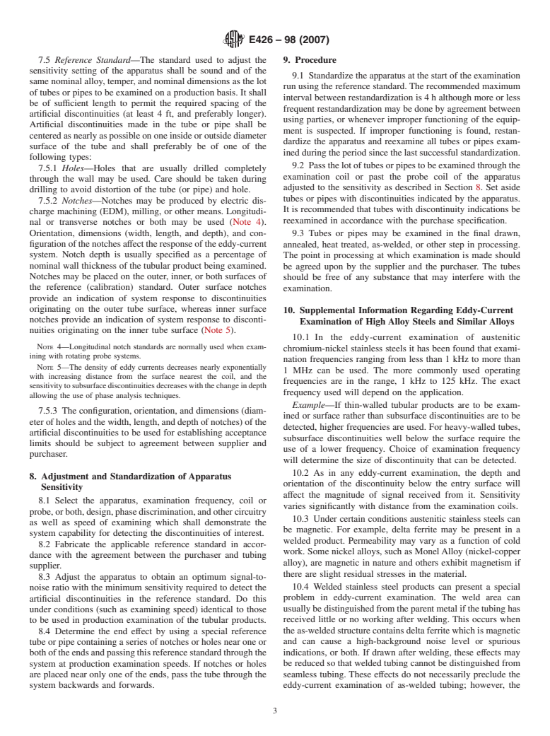 ASTM E426-98(2007) - Standard Practice for  Electromagnetic (Eddy-Current) Examination of Seamless and Welded Tubular Products, Austenitic Stainless Steel and Similar Alloys