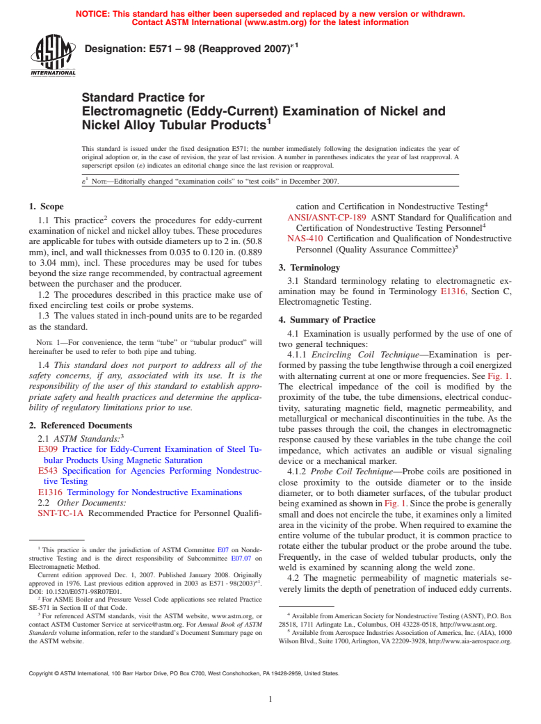 ASTM E571-98(2007)e1 - Standard Practice for  Electromagnetic (Eddy-Current) Examination of Nickel and Nickel Alloy Tubular Products