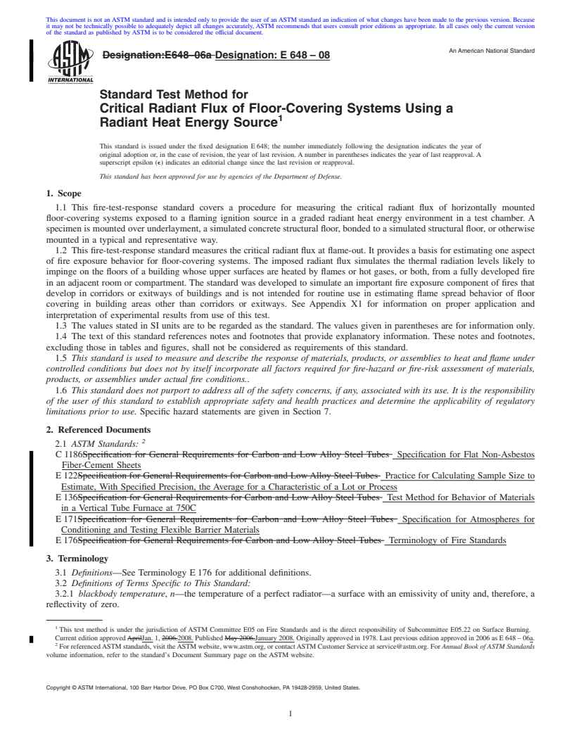 REDLINE ASTM E648-08 - Standard Test Method for  Critical Radiant Flux of Floor-Covering Systems Using a Radiant Heat Energy Source
