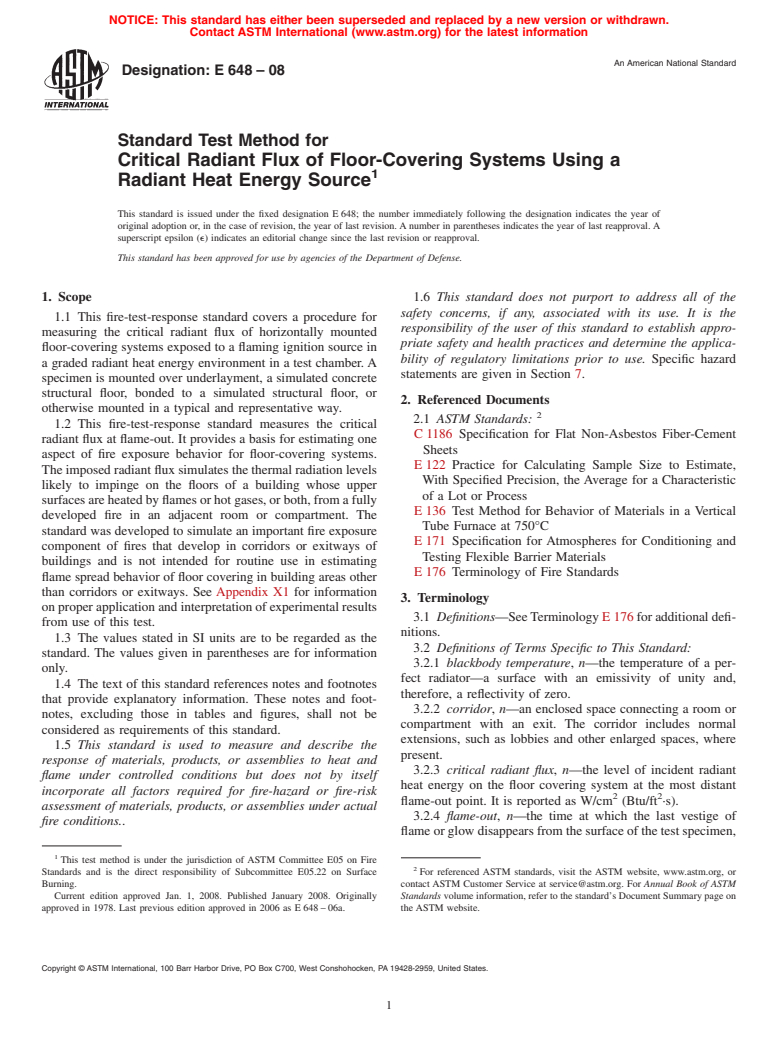 ASTM E648-08 - Standard Test Method for  Critical Radiant Flux of Floor-Covering Systems Using a Radiant Heat Energy Source