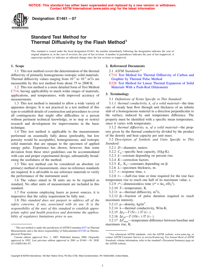 ASTM E1461-07 - Standard Test Method for Thermal Diffusivity by the Flash Method