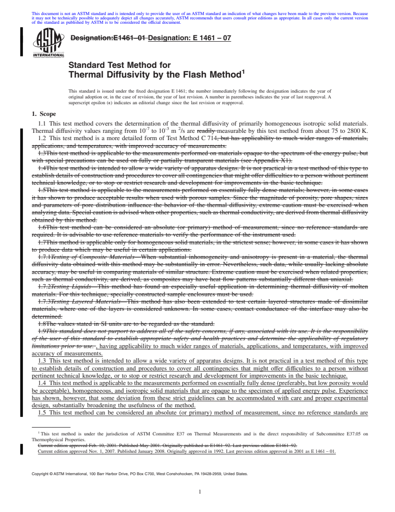 REDLINE ASTM E1461-07 - Standard Test Method for Thermal Diffusivity by the Flash Method