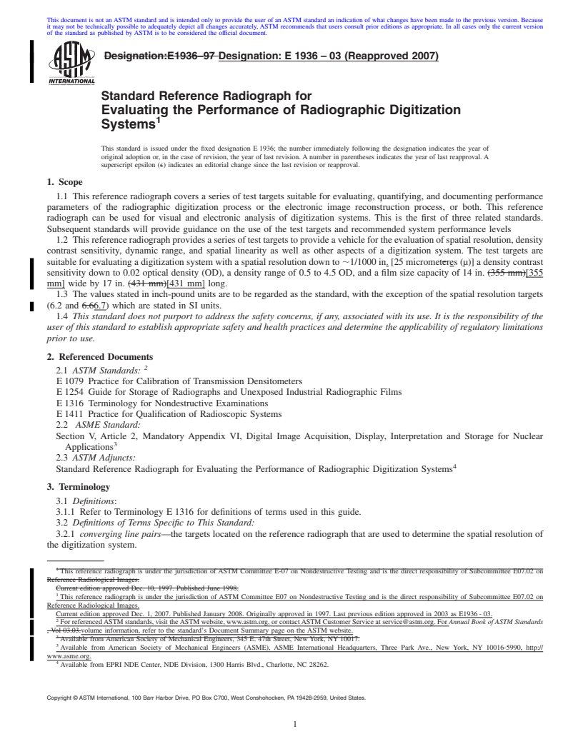 REDLINE ASTM E1936-03(2007) - Standard Reference Radiograph for Evaluating the Performance of Radiographic Digitization Systems