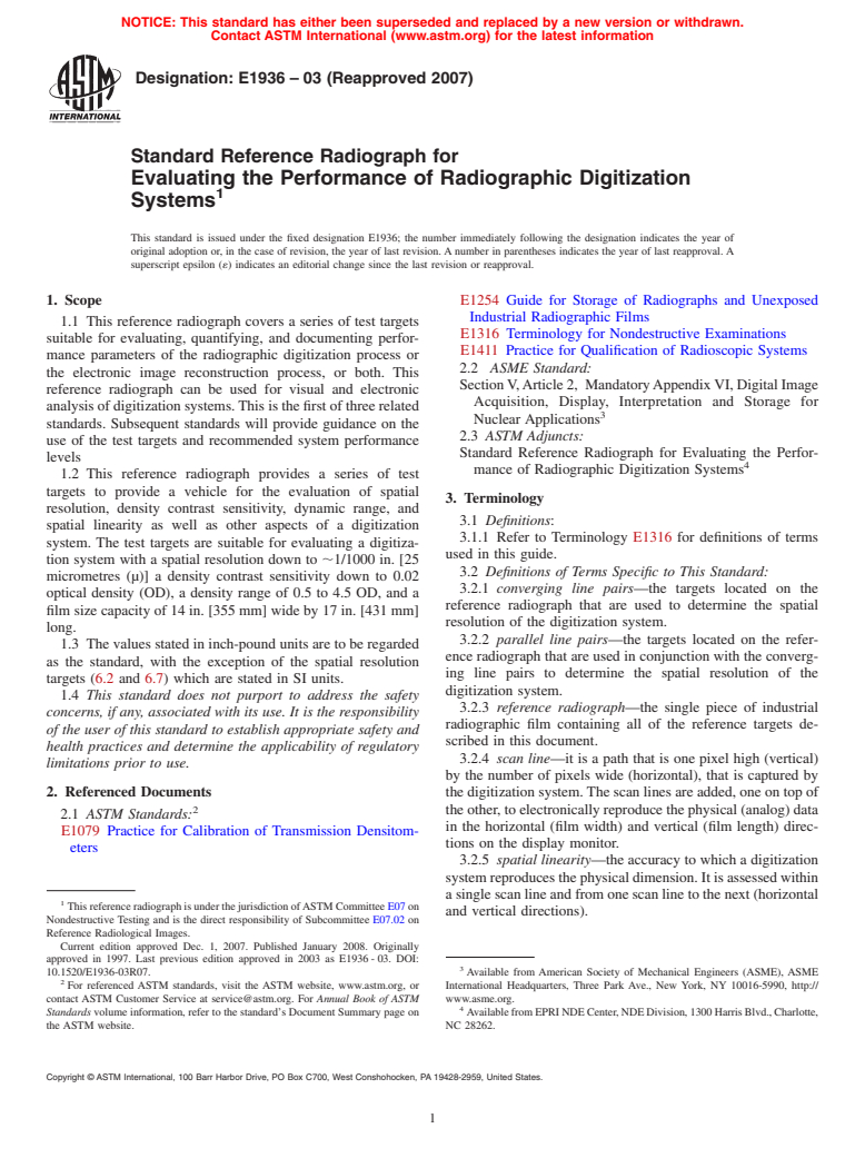 ASTM E1936-03(2007) - Standard Reference Radiograph for Evaluating the Performance of Radiographic Digitization Systems
