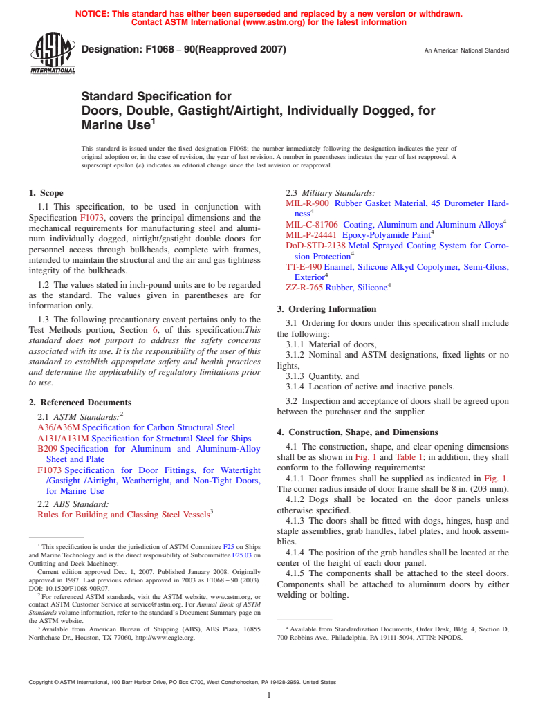 ASTM F1068-90(2007) - Standard Specification for  Doors, Double, Gastight/Airtight, Individually Dogged, for Marine Use