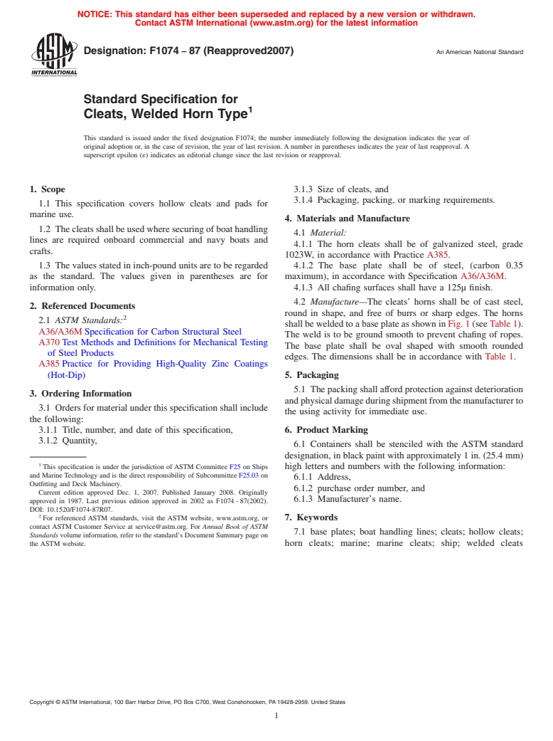 ASTM F1074-87(2007) - Standard Specification for  Cleats, Welded Horn Type