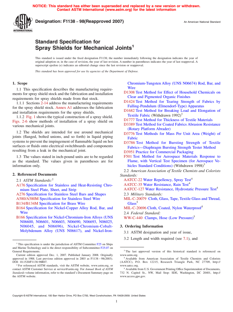 ASTM F1138-98(2007) - Standard Specification for Spray Shields for Mechanical Joints