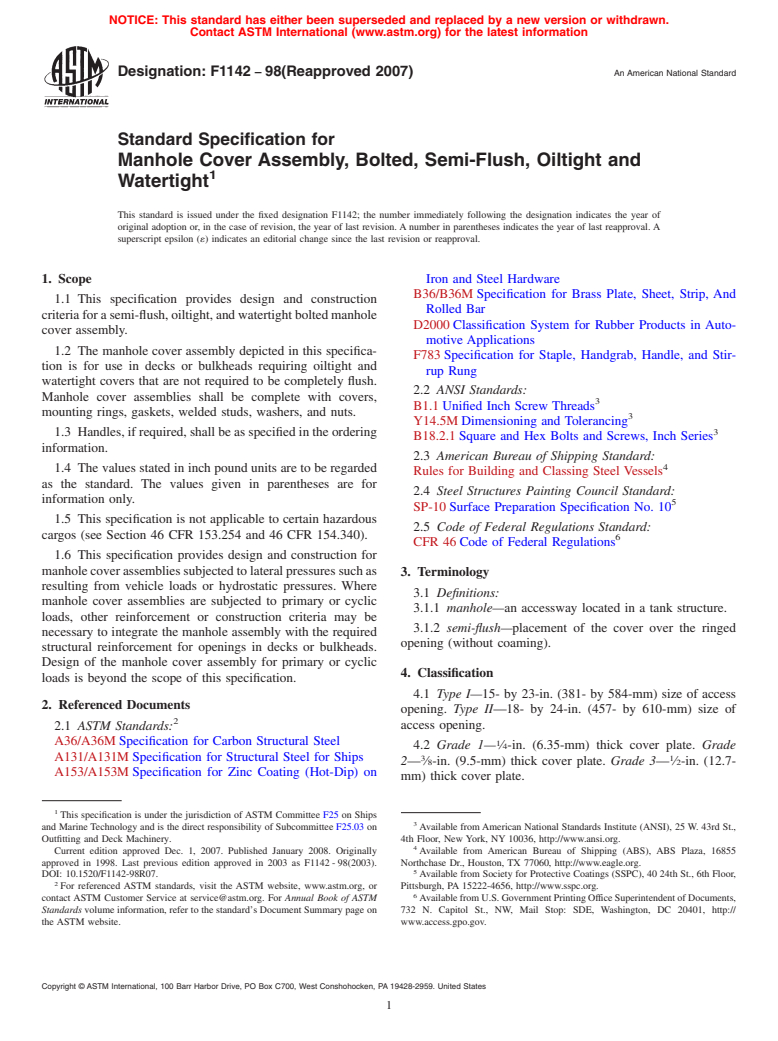 ASTM F1142-98(2007) - Standard Specification for Manhole Cover Assembly, Bolted, Semi-Flush, Oiltight and Watertight