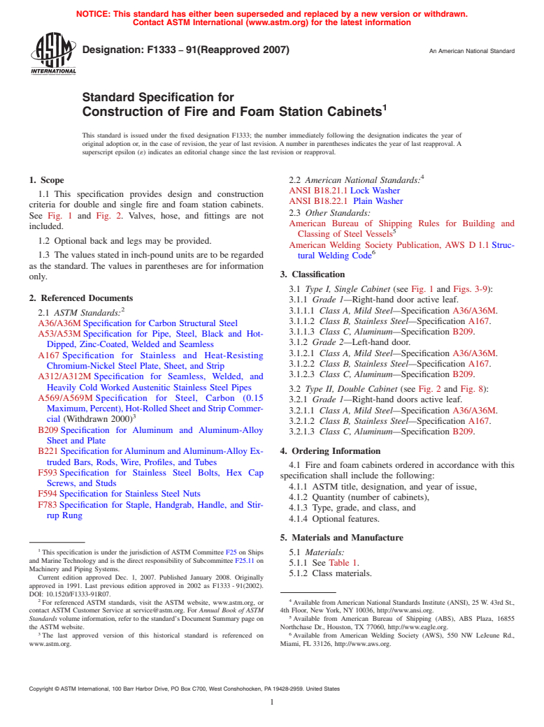 ASTM F1333-91(2007) - Standard Specification for Construction of Fire and Foam Station Cabinets